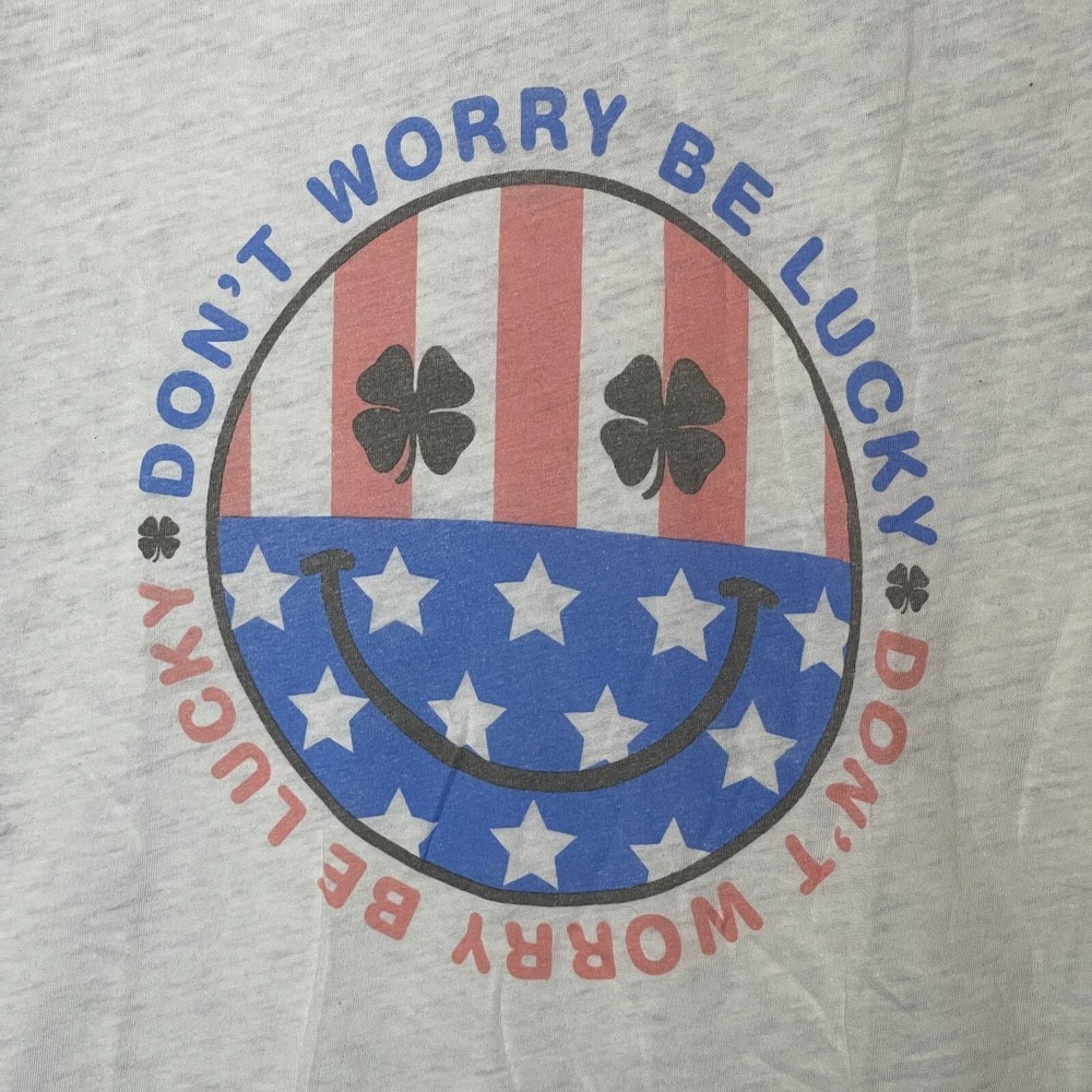 Lucky Brand Women Burnout T Shirt L Smiley Don't Worry Be Lucky Flag Star Stripe